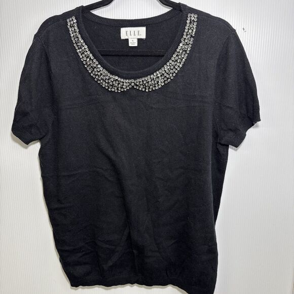 Elle XL Black Sweater Top w/ Silver Jeweled Collar Neckline‎ Sz XL Preppy Demure - Picture 1 of 7